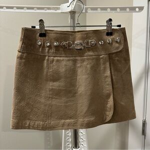 Bebe Y2K Tan Suede Studded Adjustable Snap Mini Skirt, Size 0